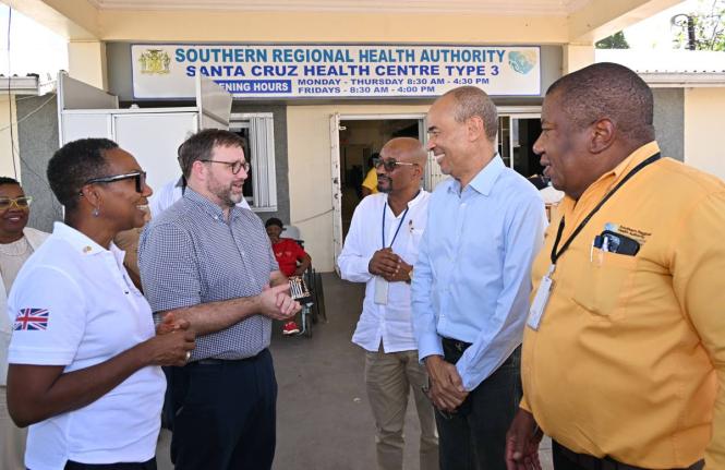 United Kingdom Minister for the Caribbean, Chris Elmore (second left), shares in discussion with (from left) UK High Commissioner to Jamaica, Alicia Herbert; Parish Manager for St Elizabeth Health Services, Sean Brissett; Chairman of the Southern Regiona