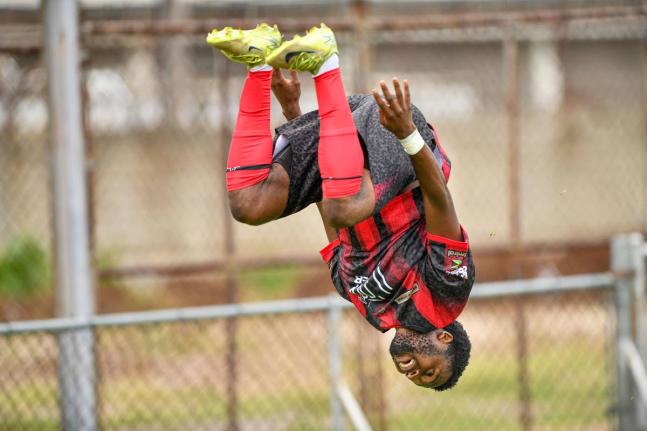 
Rushike Kelson of Arnett Gardens FC somersaults as he celebrates scoring the first goal of the Jamaica Premier League football match against Harbour View Football Club at Drewsland Mini Stadium on September 7.