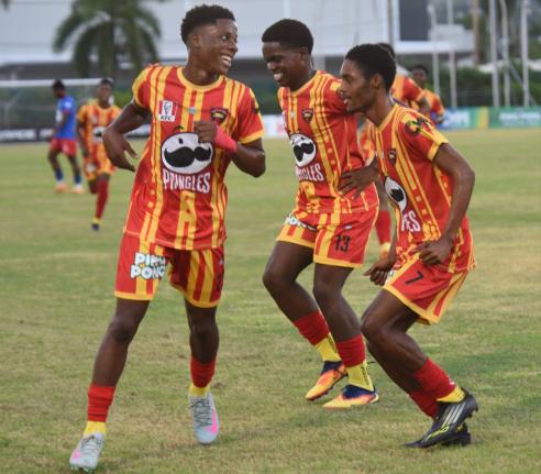 Cornwall College players celebrate after scoring a goal  during their Group One match in the second round of the ISSA daCosta Cup at Montego Bay Sports Complex on Saturday, October 11, 2025.