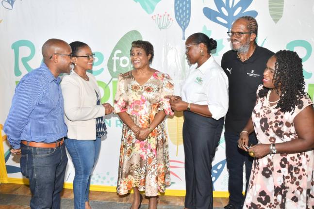 Lady Allen (third left) engages in conversation with Claudine Allen (second left), general manager, JN Foundation; Carla Myrie (third right), executive director of the Nature Preservation Foundation (NPF); Alfred ‘Frano’ Francis (second right), directo