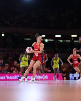 Action between Jamaica’s Sunshine Girls and England’s Roses in the Horizon Vitality Netball series inside the Copper Box Arena yesterday.