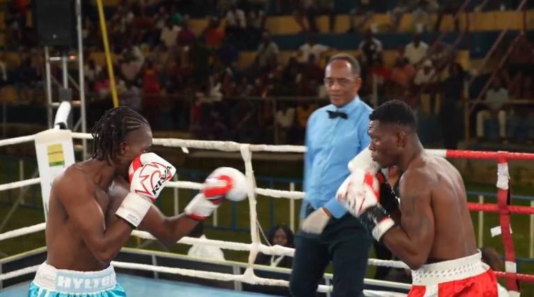 Danieel Hylton (left) and Damar ‘Force’ Haslam square off against each other during the final Wray and Nephew Fight Nights of the year at the Constant Spring Sports Complex on Saturday.