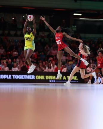 Action between Jamaica’s Sunshine Girls and England’s Vitality Roses during the final game of the Horizon Vitality Netball series inside the Copperbox Arena on Sunday.
