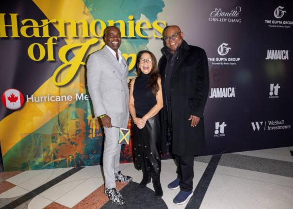 Minister of Tourism Edmund Bartlett (right) pauses for a photo opportunity ahead of the Harmonies of Hope relief concert with Dr Wes Hall, chancellor of the University of Toronto, and Dr Donette Chin-Loy Chang, chancellor of the Toronto Metropolitan Unive