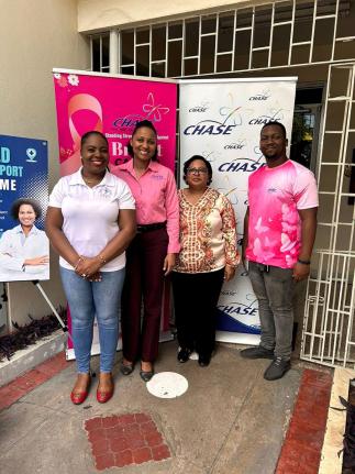 From left; Roshane Reid-Koomson, executive director of the Jamaica Cancer Society, with CHASE Fund’s Project Manager, Latoya Foster;  Hilary Coulton, public relations and administrative manager, CHASE Fund; and Richard Perkins, public relations officer, 