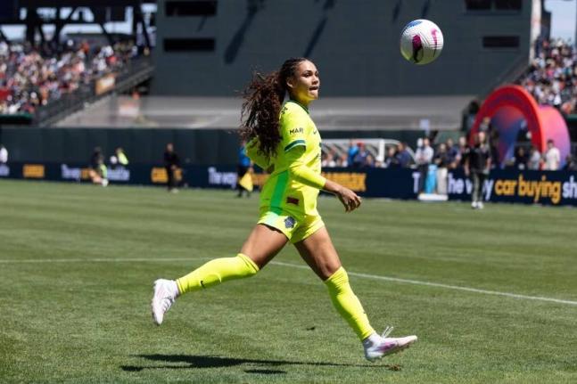 Washington Spirit’s forward Trinity Rodman runs for a ball during the first half of a NWSL match against Bay FC on Saturday, August 23, 2025, in San Francisco. 