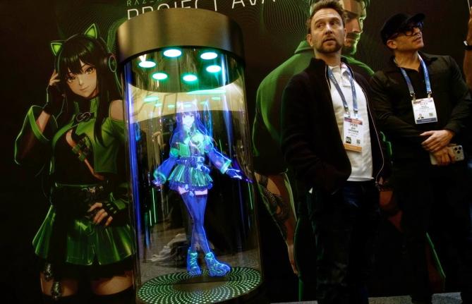 A Razer AI Desk Companion sits on display at the Razer booth during the CES tech show Tuesday, January 6, in Las Vegas. 