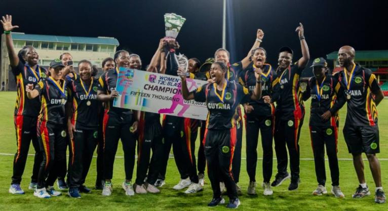 Guyana women celebrate the T20 Blaze they won last year.
