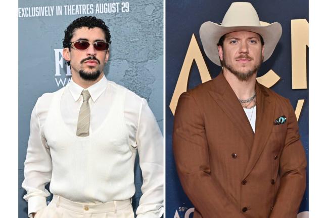 This combination of photos shows Bad Bunny (left) at the première of ‘Caught Stealing’ in New York on August 26, 2025 and Brandon Lake at the 59th Annual Country Music Association Awards in Nashville, Tennessee, on November 19, 2025. 