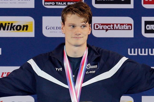 Yannick Agnel of France stands on the podium after winning the men’s 400-metre freestyle final at the European Short Course Swimming Championships in Chartres, west of Paris on Thursday, November 22, 2012.