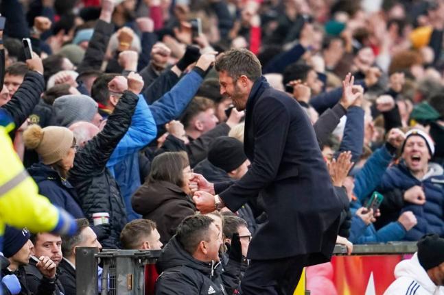 
Manchester United’s head coach Michael Carrick celebrates during an English Premier League football match against Manchester City, in Manchester, England, yesterday.