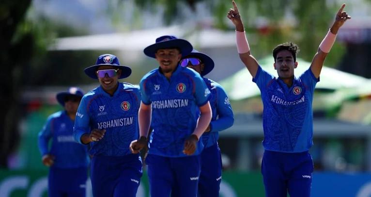 Afghanistan U19 players celebrate victory over the West Indies during an ICC U19 World Cup game at the High Performance Oval in Windhoek, Namibia yesterday.
