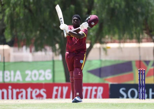 Zachary Carter of West Indies celebrates after reaching his century during the ICC U19 Men’s Cricket World Cup 2026 match against South Africa at the High Performance Oval in Windhoek, Namibia, yesterday.
