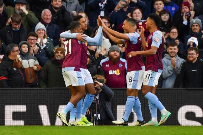 Aston Villa’s Leon Bailey (left) in happier times as he celebrates with teammates after scoring his side’s fourth goal during the English Premier League football match against Nottingham Forest at Villa Park in Birmingham, England, on Saturday, Februar