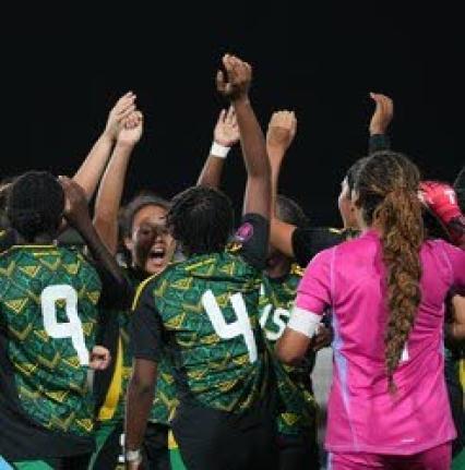 Jamaica’s Under-17 Reggae Girls celebrating their win against hosts Aruba in the Concacaf U17 World Cup qualifiers last week. 