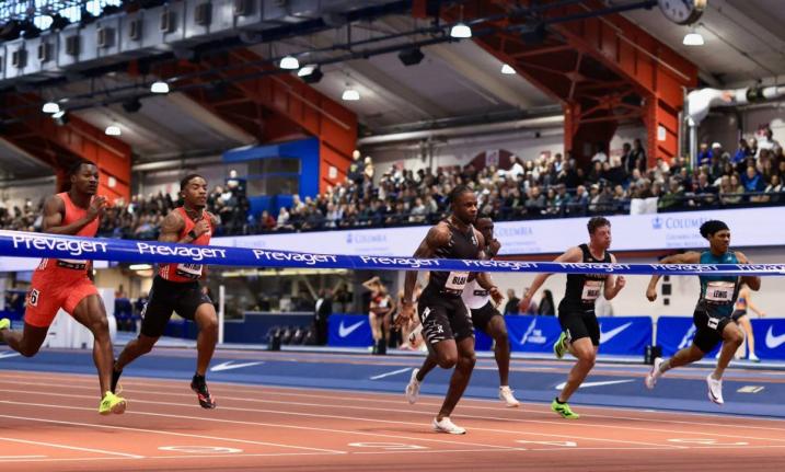 Jamaica’s Ackeem Blake (centre) wins the men’s 60 metres in 6.55 seconds at the Millrose Games in New York yesterday.