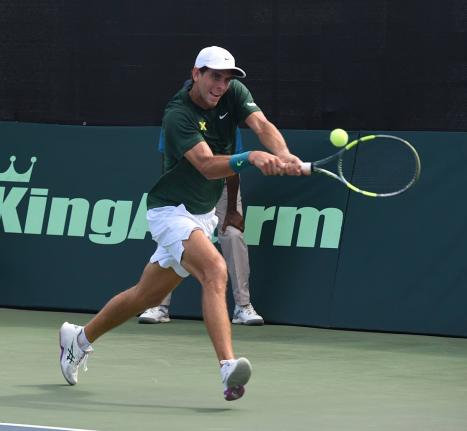 Jamaica’s top player Blaise Bicknell in action against  Franco Roncadelli of Uruguay during their Davis Cup tie at the Liguanea Club in New Kingston yesterday. Roncadelli won 6-3, 5-7, 6-4.