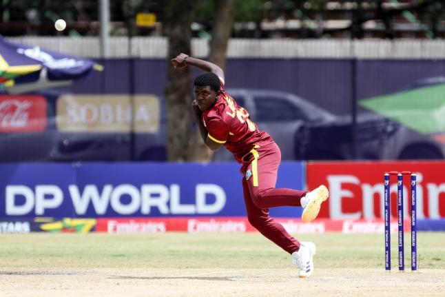 Vitel Lawes of West Indies bowls during the ICC U19 Men’s Cricket World Cup cricket match against South Africa at HP Oval on January 22 in Windhoek, Namibia. 
