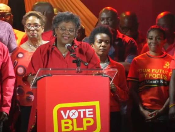 Barbados Prime Minister Mia Mottley addressing supporters early Thursday morning (February 12) after her Barbados Labour Party won the general election. 