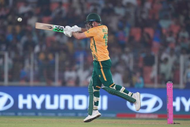 
South Africa’s David Miller plays a pull-shot during the T20 World Cup cricket match against New Zealand in Ahmedabad, India, yesterday.