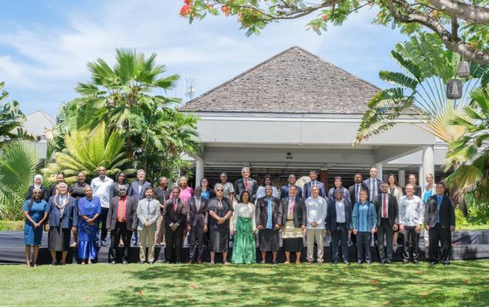 Law ministers of the member states pose for a photo at the Commonwealth Law Ministers meeting in Fiji.