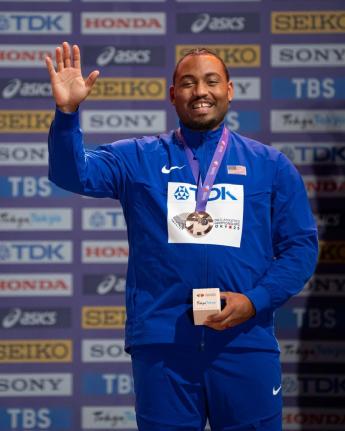 The United States’ Curtis Thompson celebrates the bronze medal he won at the World Athletics Championships in Tokyo, Japan last year.