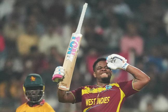 West Indies’ Shimron Hetmyer celebrates scoring a half century during the T20 World Cup cricket match against Zimbabwe on Monday.