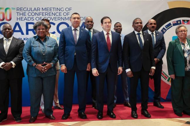 US Secretary of State Marco Rubio (centre front) in red tie, poses for a group photo with other government officials attending the CARICOM meeting in Basseterre, Saint Kitts and Nevis. Also pictured are Bahamas’ Prime Minister Philip Edward Davis (left),