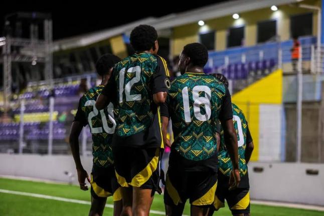 From left: Under-20 Reggae Boyz Claver Nugent, Sean Leighton, Orel Miller, and Jahbarie Howell celebrate a goal during a Concacaf U20 Qualifier at the Stadion Rignaal ‘Jean’ Francisca in Willemstad, Curaçao.