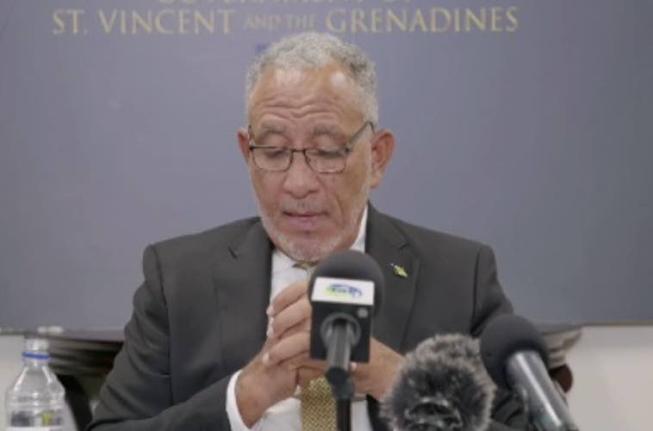 St Vincent Prime Minister Dr Godwin Friday speaking at news conference on March 3, 2026.