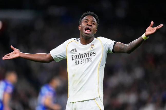 Real Madrid’s Vinicius Junior reacts during a Spanish La Liga match between Real Madrid and Getafe in Madrid, Spain, on Monday, March 2, 2026.