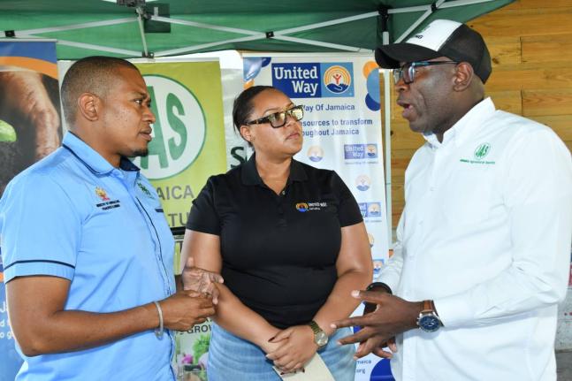 United Way of Jamaica CEO Kerry-Lee Lynch (centre) and Minister of Agriculture, Fisheries and Mining Floyd Green listens as Jamaica Agricultural Society CEO Derron Grant detail the particulars of the first distribution from the UWJ Hurricane Melissa Restor