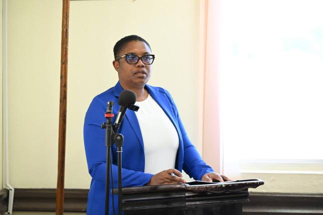 Medical Officer of Health for Portland, Dr Sharon Lewis, speaks during the Portland Municipal Corporation’s monthly meeting on March 12.