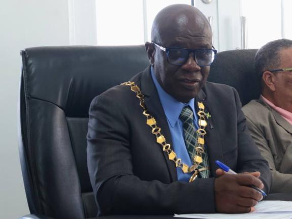 Mayor of Falmouth, Councillor Collen Gager, speaks during the Trelawny Municipal Corporation’s meeting, held on March 12 at the Artisan Village in Falmouth.