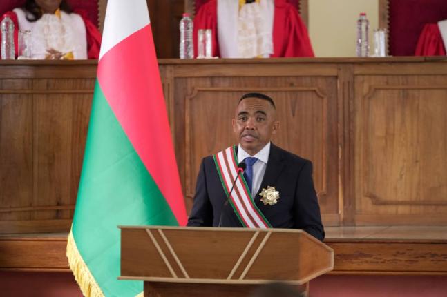 Colonel Michael Randrianirina delivers his speech at the high constitutional court after being sworn in as president in Antananarivo, Madagascar, Friday, October 17, 2025. (AP Photo/ Brian Inganga)
