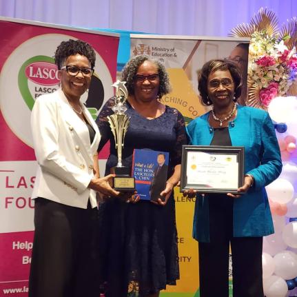 From Left: Lasco Chin Foundation CEO Rosalea Hamilton Dr Winsome Gordon, Dorette Rhoden Henry, Mathematics and Information Technology teacher at deCarteret College in Manchester, and CEO of the Jamaica Teaching Council, Dr Winsome Gordon, at the 2025-2026 