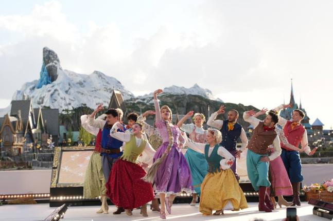Dancers perform during the inauguration of Disney Adventure World and World of Frozen at Disneyland Paris in Marne-la-Vallee, east of Paris.