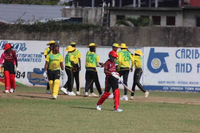 Jamaica’s players celebrate a wicket during their Rising Stars U15 match against Trinidad and Tobago at Melbourne Oval yesterday.  