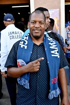 Duane Johnson, head coach for the Jamaica College track and field team, during the celebrations at the school’s campus on Monday for winning the boys’ title at Champs, 