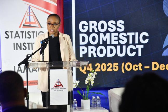 Statistical Institute of Jamaica (STATIN) Director General, Leesha Delatie-Budair, addresses Tuesday’s (March 31) quarterly press briefing, held at Terra Nova All-Suite Hotel in St Andrew.