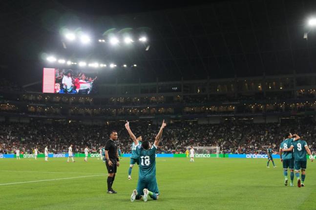 Iraq’s Aymen Hussein celebrates scoring his side’s second goal during the World Cup play-off final football match between Iraq and Bolivia in Monterrey, Mexico, on Tuesday.