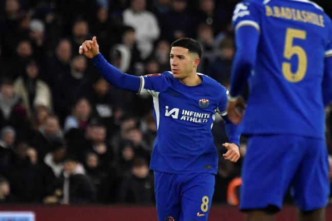 Chelsea’s Enzo Fernandez celebrates after scoring his side’s third goal during an English FA Cup fourth round  match between Aston Villa and Chelsea at the Villa Park Stadium in Birmingham, England in 2024.