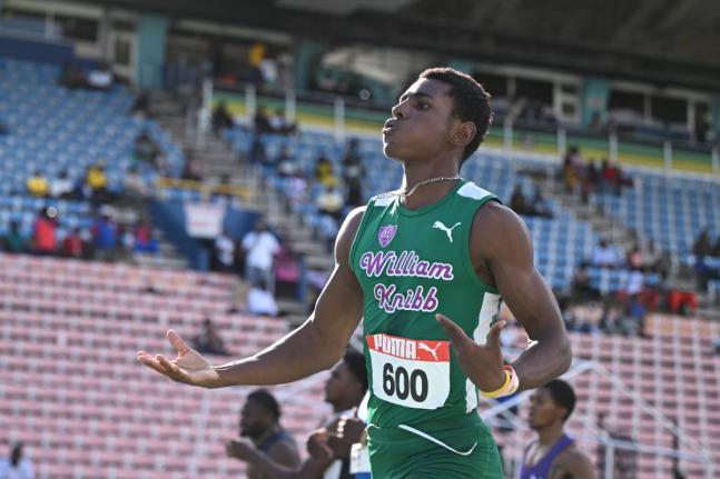 Sanjay Seymore  celebrates after capturing the Under-20 boys’ 200 metres final on day three of the Carifta Trials held at the National Stadium on Sunday, March 8. Seymore crossed the line in 20.95 seconds.