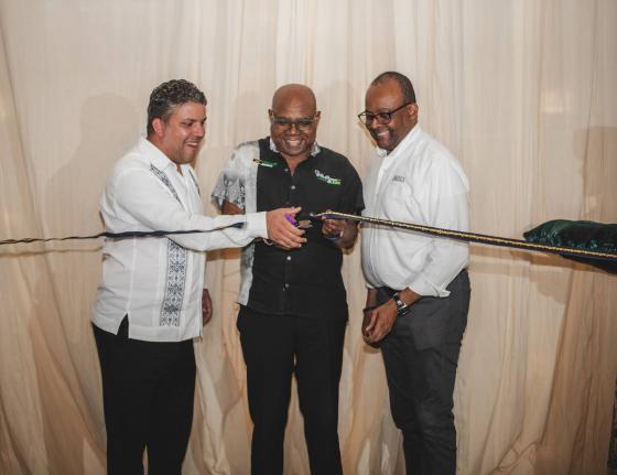 Minister of Tourism, Edmund Bartlett, (centre), Jonay Guerra, Managing Director at Bahia Principe Hotels and Resorts (left); and Donovan White, Director of Tourism, shared ribbon-cutting duties at a property reopening ceremony on April 1, 2026.