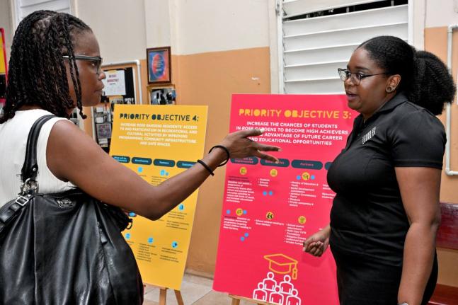 A Rose Gardens resident engages Training and Employment Lead Kelly Griffith during the feedback session at the Rose Gardens Community Town Hall, organised by Project STAR.