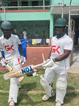 St. Jago openers Danza Hyatt Jr and Luwayne Pryce at Melbourne Oval during the second day of the Spaulding Cup final at Melbourne Oval yesterday.