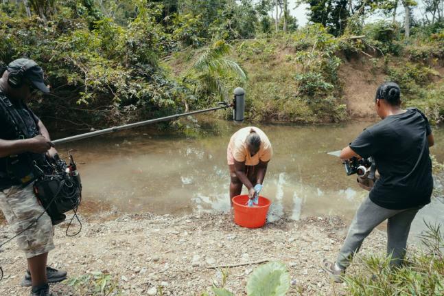 Directors Delroy Johnson and Gabrielle Blackwood (right) film Sanicka Scott from Hanover for ‘The Forgotten Daughters’, a short documentary on the experiences of women and children affected by Hurricane Melissa. The film is part of Behind Her Lens: Wom