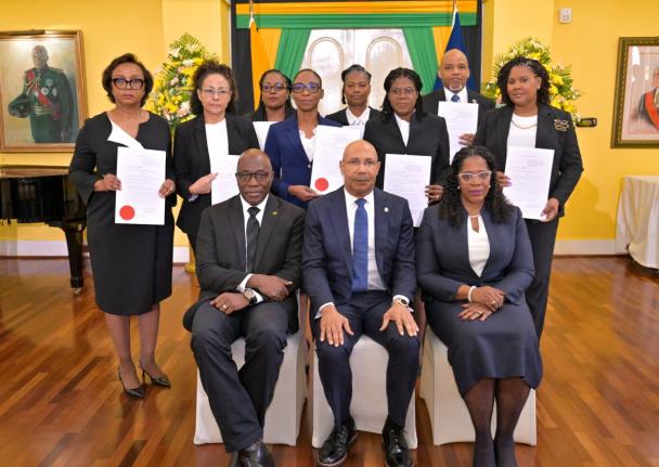 Governor-General Sir Patrick Allen (seated, centre); Chief Justice Bryan Sykes (seated, left) and President of the Court of Appeal, Justice Marva McDonald-Bishop (seated, right) share a photo with the eight members of the judiciary who were sworn into high