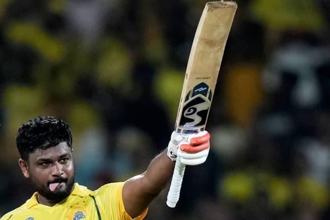 
Chennai Super Kings’ Sanju Samson celebrates his century during the Indian Premier League cricket match against Delhi Capitals in Chennai, India, yesterday.