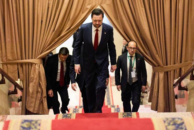 
United States Vice President J.D. Vance (centre) walks up a flight of stairs to meet with Pakistan’s Prime Minister Shehbaz Sharif for talks about Iran on Saturday in Islamabad.